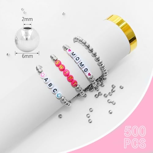 Amaney 500pcs 6mm Smooth Round Beads Silver Spacer Loose Ball Beads for Bracelet Jewelry Making Craft - color: Silver-6mm, size: 6mm