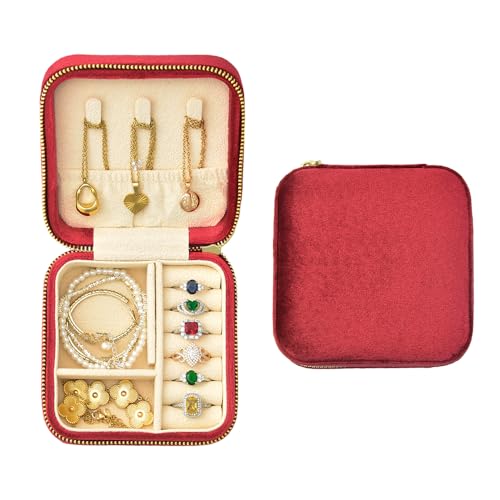 TAIMY Travel Jewelry Case, Small Plush Velvet Jewelry Box for Women and Girls, Portable Jewelry holder organizer for Rings Earrings Necklaces Bracelets(Burgundy) - color: Burgundy
