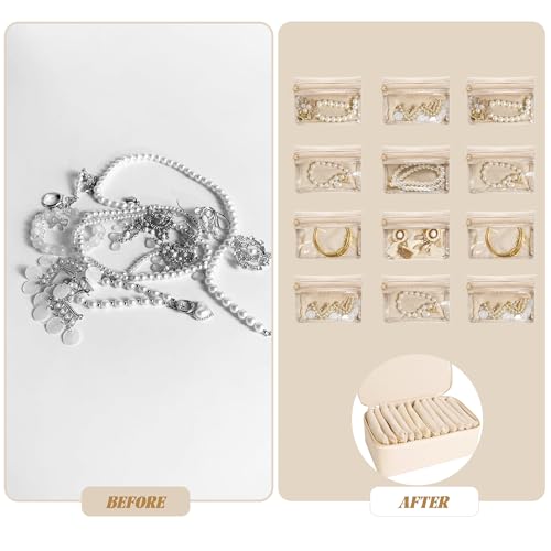 Travel Jewelry Case, Small Travel Jewelry Box with 12 Velvet Jewelry Bag Mini Pouch, Portable Travel Jewelry Organizer for Rings Earrings Necklaces (Beige 12 Pcs) - color: Beige 12 Pcs