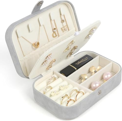 Travel Jewelry Box,Small Jewelry Organizer Boxes for Women Girls, 2 Layer Travel Jewlery Case, PU Leather Mini Portable Jewerly Storage Display Holder for Earrings, Ring,Necklaces, Bracelets - Grey - color: Grey