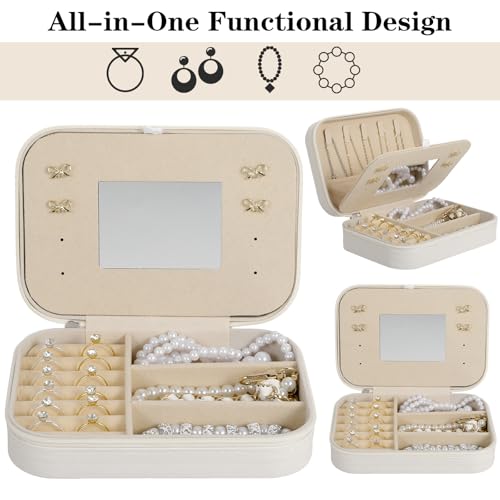 2-Pack PU Leather Travel Jewelry Organizer Cases with Mirror for Women, Portable Velvet Jewelry Box Set for Earrings, Rings, Necklace, Bracelet - Luxury Gift Set (Beige)