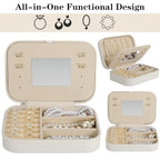 2-Pack PU Leather Travel Jewelry Organizer Cases with Mirror for Women, Portable Velvet Jewelry Box Set for Earrings, Rings, Necklace, Bracelet - Luxury Gift Set (Beige)
