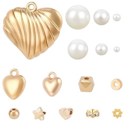 1 Box 1306PCS Imitation Pearl Beads Kit with Round CCB Plastic Heart Star Flower Brass Rhinstone Pendants Loose Spacer Bead Set for Jewelry Making Necklaces Adult DIY Crafts Supplies - color: Gold