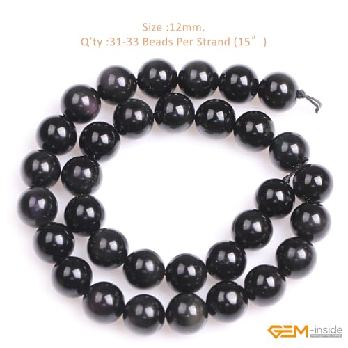 GEM-Inside Natural 12mm Black Obsidian Gemstone Loose Beads Round Energy Power Beads for Jewelry Making 15" - color: Black Obsidian, size: 12mm