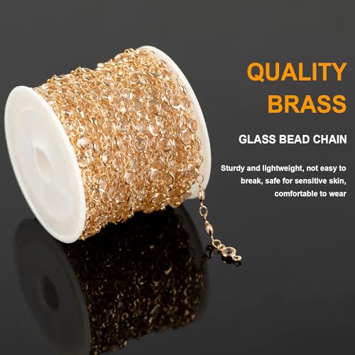 KYUNHOO 16.4 Feet Jewelry Making Supplies Set Gold Plated Brass Chain for Jewelry Craft Making Clear Beaded Necklace Chains Roll with Jump Rings Lobster Clasps - color: Clear Beaed-Gold