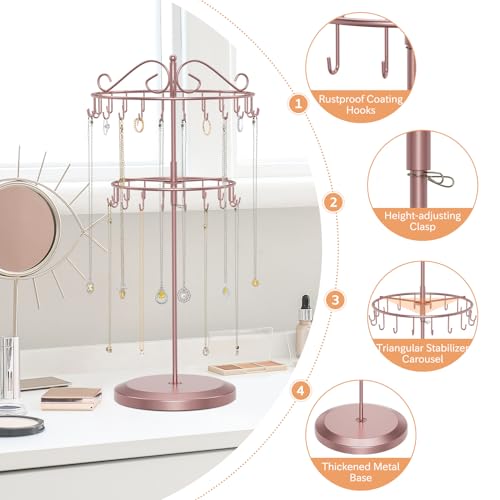 iDavosic.ly 2 Tier Rotating Necklace Holder Organizer with 42 Hooks, Adjustable Metal Bracelet Display Stand Rack, Extra Tall Keychain Spinning Tree Tower for Women, Rose Gold - color: Rose Gold