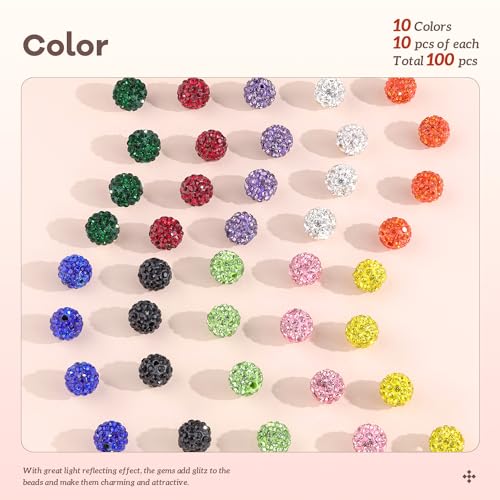 100 pcs 10mm Rhinestone Beads for Jewelry Making, 10 Mixed Colors Shiny Round Disco Ball Beads Bulk, Sparkle Crystal Clay Christmas for Bracelet Baseball Necklace Earring Crafting and DIY - color: Mixed-10 Colors, size: 100 pcs