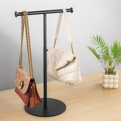 niffgaff T Bar Purse Display Stand Tabletop: Adjustable Height Handbag Holder, Countertop Hanging Rack for Long Necklace Scarf Lanyard, Black - color: Black