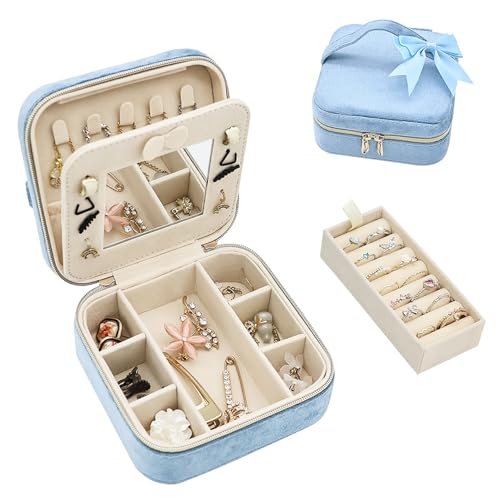 Jewelry Travel Case, Portable Jewelry Box With Mirror, Velvet Small Jewelry Travel Case for Women, Mini Jewelry Organizer for Necklace Ring Earrings (Misty Blue) - color: Misty Blue