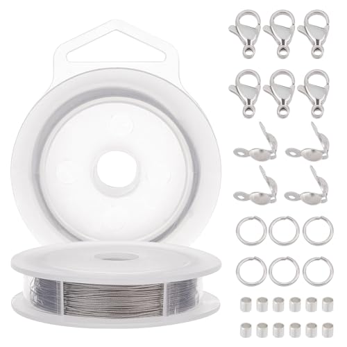 BENECREAT 49FT 49 Strands Beading Wire Kit, 0.38mm/28 Gauge Stainless Steel Tiger Tail With Lobster Clasps, Jump Rings, Bead Tips, Brass Crimp Beads for Jewelry Making - size: 0.38mm, style: 49 Strands