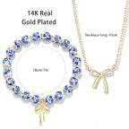 Bow Bracelet Necklace Set 14K Gold Beaded Bracelet Dainty Bow Pendant Choker Jewelry Gift Set - color: Blue