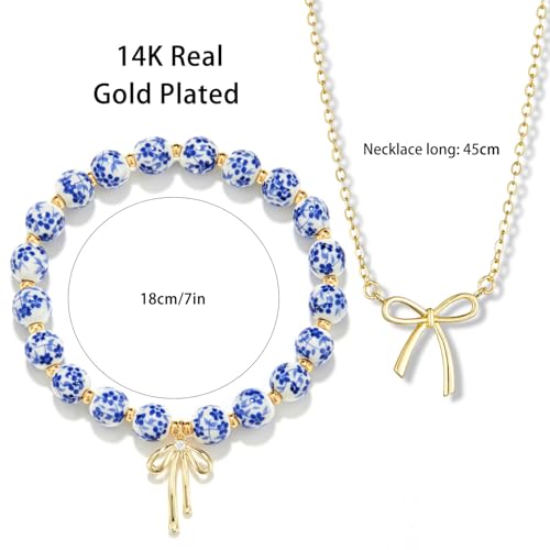 Bow Bracelet Necklace Set 14K Gold Beaded Bracelet Dainty Bow Pendant Choker Jewelry Gift Set - color: Blue