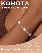 KOHOTA Silver Gold Bracelets for Women Trendy 14K Gold Plated Bracelet for Women Non Tarnish Dainty Stackable Clover Flower Heart Butterfly Diamond CZ Charm Station Bracelets Stack Jewelry Gifts - color: F: Butterfly-Silver