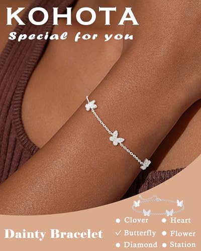 KOHOTA Silver Gold Bracelets for Women Trendy 14K Gold Plated Bracelet for Women Non Tarnish Dainty Stackable Clover Flower Heart Butterfly Diamond CZ Charm Station Bracelets Stack Jewelry Gifts - color: F: Butterfly-Silver