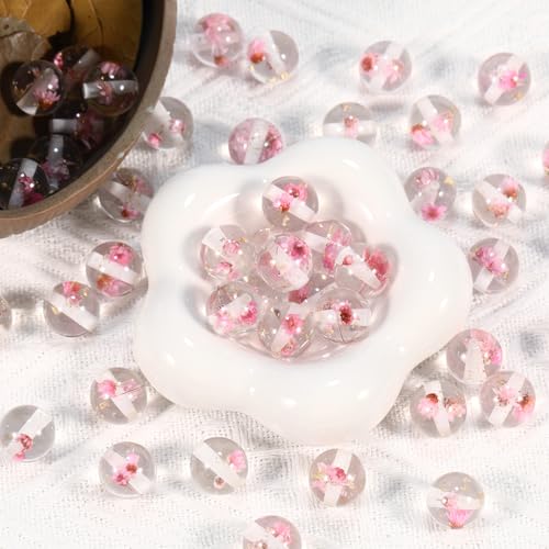 15Pcs Resin Beads Round 16mm Dried Flowers Pink Fit for DIY Jewelry Bracelet Necklace Keychain Beadable Pens Mobile Phone Chain Making Cute (Flower-Pink) - color: Flower-Pink