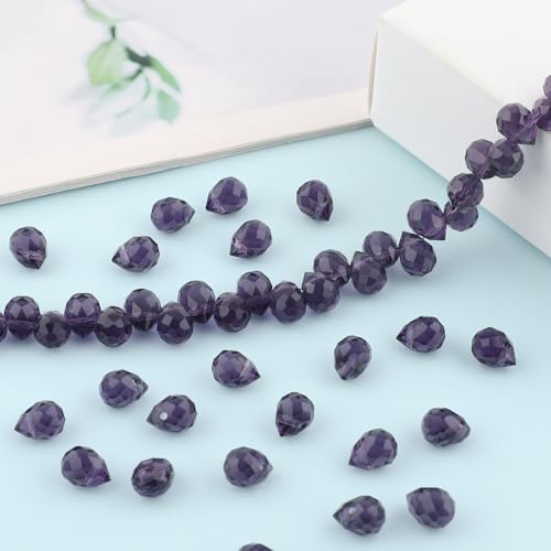 100pcs Purple Violet Faceted Crystal Glass Beads 8x10mm, Shiny Teardrop Glass Beads for Jewelry Making, Crystal Beads for Bracelet Necklace Earring DIY Craft - color: Purple Violet