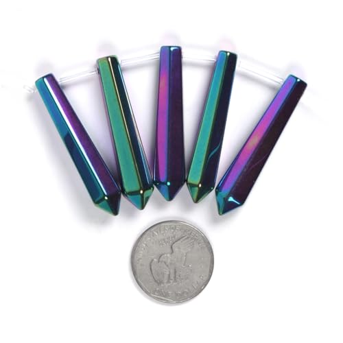 50mm Metallic Rainbow Coated Hematite Hexagonal Wand Jewelry Making Crystal Pointed Chakra Reiki Healing Beads 2mm Hole Drilled(Pack of 5) - color: Metallic Rainbow Coated Hematite