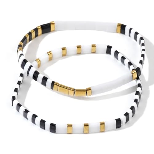 Tila Flat Beaded Bracelet for Women,Bohemian Colorful Stretch Square Glass Bead Elastic Layred Bracelet Stack, Handmade Boho Trendy Holiday Jewelry Accessories Friendship Gift - color: Black White