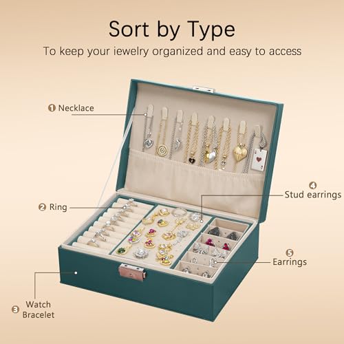 Homeanda Jewelry box 2 layer Jewelry box Leather Jewelry boxes for Women Girls Teens Jewelry organizer box Jewelry Storage box with lock(Green) - color: Green