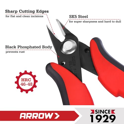 ARROW Micro Wire Cutters, 5" Precision Flush Cutters with Streamlined Handle and Ultra-Sharp Cutting Edge, Side & Diagonal Flush Cut Pliers for Electronics, Jewelry, Crafts, Zip Ties and Soft Wires