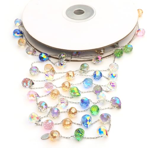 Christmas Garland, 9.8Ft Crystal Glass Beads Strands, 100pcs 10mm Faceted Waterdrop Glass Beads Hanging Ornament for Christmas Tree Centerpieces Wedding Party Decorations (Multicolor) - color: Multi Color