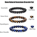 RANKEEF Tiger Eye Bracelet For Men 8MM Natural Stone Stretch Adjustable Black Crystal Beaded Bracelet for Men Women Gifts - color: 3,lava rock,tiger eye,blue