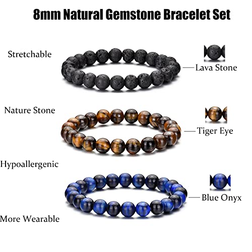 RANKEEF Tiger Eye Bracelet For Men 8MM Natural Stone Stretch Adjustable Black Crystal Beaded Bracelet for Men Women Gifts - color: 3,lava rock,tiger eye,blue