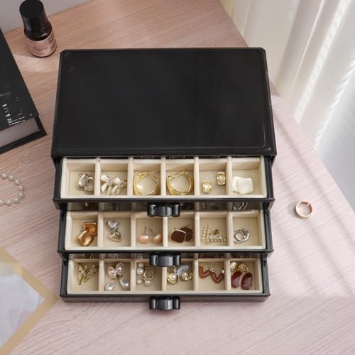 YUFONG Earring Organizer Box Acrylic Jewelry Organizer with 3 Drawers 54 Adjustable Grids Clear Stackable Earring Holder Velvet Trays Ring Display Case for Women Girls (Black Beige) - color: Black Beige