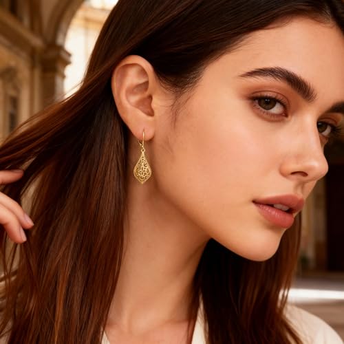 925 Sterling Silver Dangle Earrings for Women, 14K Gold Plated Filigree Dangling Leverback Earrings, Geometric Hypoallergenic Lightweight Dangly Drop Earings for Women Trendy Jewelry Gifts - color: C-14K Gold