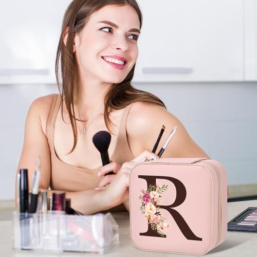 Inngeroo Small Travel Jewelry Case for Girls Women, Travel Jewelry Box Organizer Personalized Pink Gifts for Wife Mom, Gift for Friend Sister Grandma Aunt, Initial R - style: R