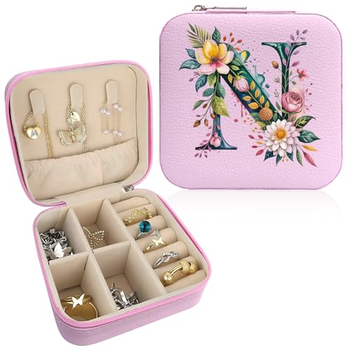 Monogram Jewelry Box Portable Print Jewelry Box, Pink Compact Jewelry Box Travel Jewelry Case Travel Case Organizer Bag Storage Box Jewelry Holder For Necklace Earrings Rings Bracelet (Letter N) - color: Letter N