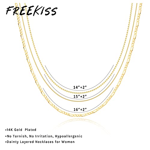 Freekiss Women's Layered Necklace Set - 3 Piece Dainty Gold Jewelry for Everyday Stacking | 14K Gold Plated Snake Chain, Rope Chain, Cuban Chain | Adjustable Length 14-18.5 Inch | Gift Ready - color: Gold, style: Beads+Cuban+Figaro