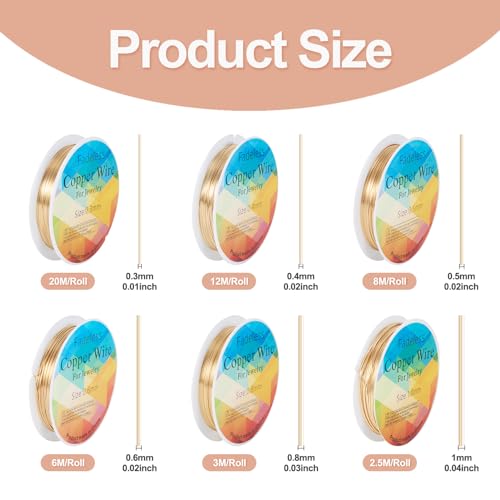 PH PandaHall Pandahall 6 Sizes Light Gold Copper Jewelry Wire Tarnish Resistant Copper Craft Wire Thin Metal Bendable Wrapping Wire for Crafting Sculptures, 18/20/22/24/26/28 Gauge