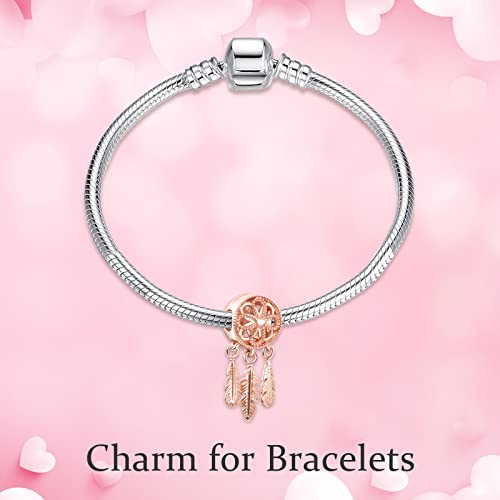S925 Bead Dangle Charms for Bracelets Necklaces, Compatible with Pandora - style: Dreamcathcer Charm Rose 14K Gold Plated