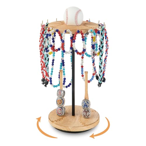 Pinzoveco Baseball Drip Necklace Organizer Holder,Rotating Baseball Display Stand with 14 Hooks, Championship Ring Display Holder, 360° Drip Necklace Championship Ring Holder Baseball Gifts,Brown - color: Brown