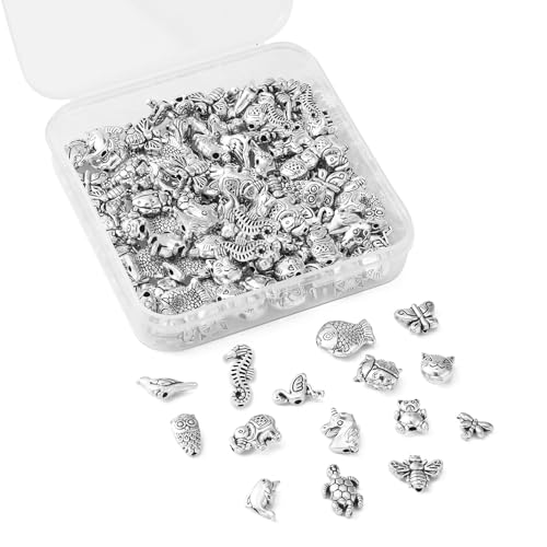 DanLingJewelry 150Pcs Mixed Styles Antique Silver Animal Spacer Beads Tibetan Style Bear Owl Cat Fish Beads for Bracelet Jewelry Craft Making - color: 150pcs - animal - 15 styles