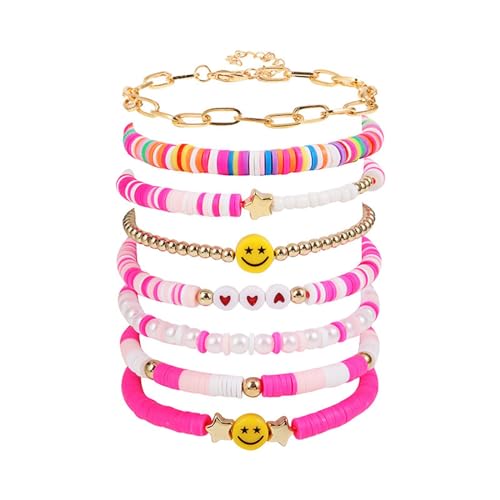 KIFEDSLJ Surfer Clay Bead Bracelets Elastic Colorful Polymer Beaded Stackable Stretch Bracelet Bohemia Aesthetic Summer Beach Jewelry for Women - color: pink c