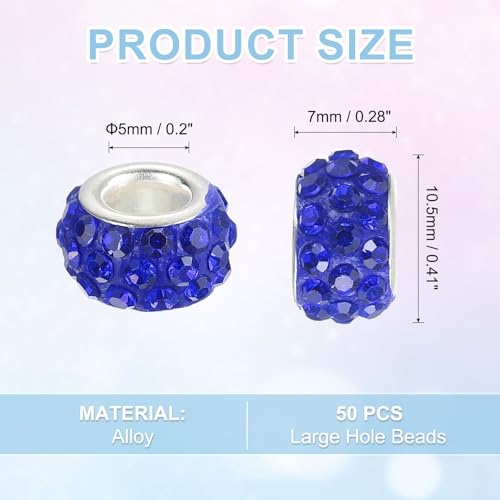 uxcell 50Pcs European Large Hole Beads, Rhinestone Craft Bead Crystal Charm Spacer Beads for Pens Bracelet Making Necklace DIY Craft, Drak Blue - color: Drak Blue