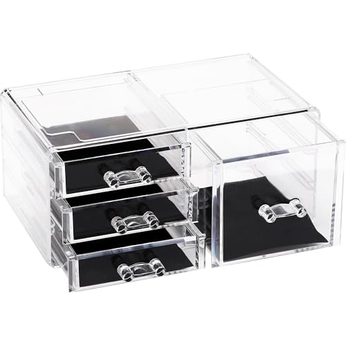 Sea Team Clear Makeup Organizer with Drawers, Acrylic Plastic Cosmetic Display Case, Jewelry Storage Box, Holder for Dresser, Bathroom, Vanity, Countertop (1 Large, 3 Small Drawers) - size: 1 Large, 3 Small Drawers