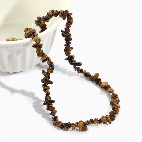 Raw Crystal Necklaces for Women 5-8mm Handmade Natural Stone Necklace Beaded Choker Necklace Healing Crystal Necklace Gemstone Necklace Raw Crystal Beaded Necklace for Her - style: Tiger Eye