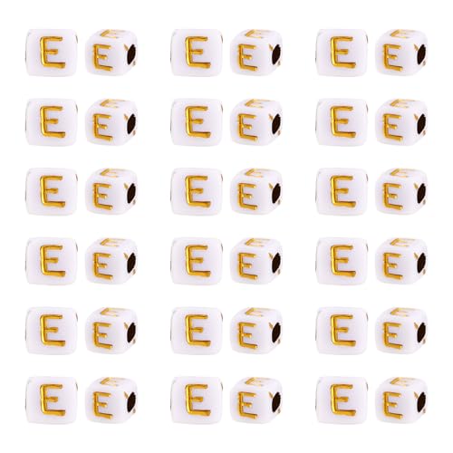 FASHEWELRY 500Pcs White Golden Letter Beads 4.5mm Square Alphabet Beads Acrylic Cube Letter E Beads for Friendship Bracelet Necklace Keychains Jewelry Making - color: Letter E