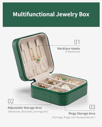 VLANDO Small Travel Jewelry Box Organizer - Girls Women Gift Rings Earrings Necklaces Jewelry Storage Display Case Dark Green - color: H.Dark Green