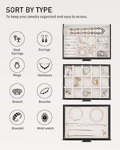 Jewelry Boxes with Glass Lid, Jewelry Boxes for Women 3-Tier Jewelry Organizer with 2 Drawers, Jewelry Display Case Gift for Women Girls Men - Black - color: Black 3-Layer