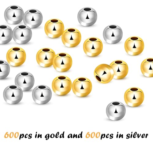 1200Pcs 4mm Round Beads Spacer Beads Smooth Loose Ball Beads for DIY Bracelet Jewelry Making Craft, Silver & Gold - color: Silver & Gold, size: 4mm