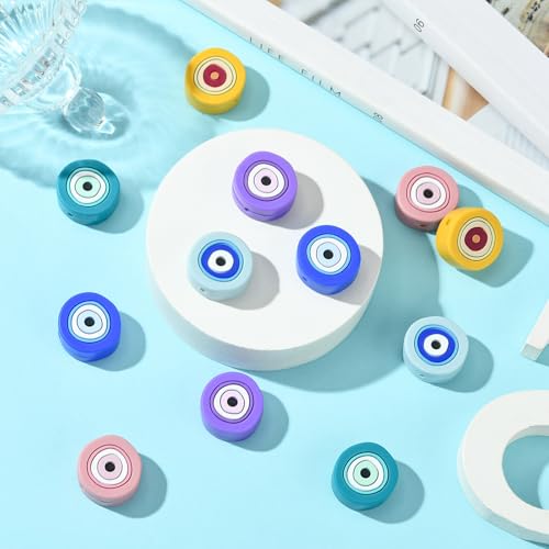 LiQunSweet 12 Pcs 6 Colors Flat Round Silicone Beads Silicone Beads Evil Eye Beads for Bracelet Beaded Necklace Pens Jewelry Making DIY Craft - color: Evil Eye Silicone Beads_12 Pcs