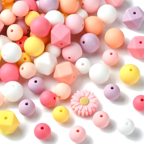 LiQunSweet 110 pcs Spring Theme Daisy Flower Focal Silicone Beads Round Hexagon Shape Silicone Beads for Keychain Making DIY Beadable Pens Jewelry Making Bracelets - color: Hexagon Round Daisy Beads_110 Pcs