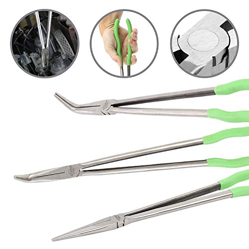 OEMTOOLS 22660 16 Inch Long Nose 3 Piece Pliers Set, 90 Degree Pliers, Straight Pliers, and 45 Degree Pliers, Clamp Hoses and Handle Delicate Work Pieces in Narrow Spaces - style: steel
