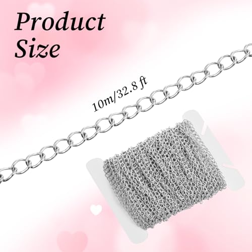Curb Chain for Jewelry Making 3mm 33 Ft Silver Chain Roll Stainless Steel Necklace Chains Extenders for Women Tarnish Resistant Stainless Steel, Chains Necklace for Pendants Bracelet Making DIY Craft