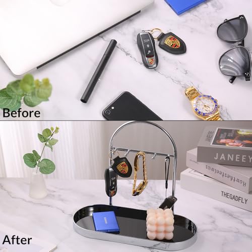 Shinpuru Metal Jewelry Organizer Stand & Key Holder Tray with Acrylic Base, Key Stand and Jewelry Tray with 5 Hooks, Perfect Key Bowl, Valet Tray, Ring Holder, Jewelry Dish (Matt Creamy) - color: Matt Creamy