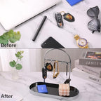 Shinpuru Metal Jewelry Organizer Stand & Key Holder Tray with Acrylic Base, Key Stand and Jewelry Tray with 5 Hooks, Perfect Key Bowl, Valet Tray, Ring Holder, Jewelry Dish (Matt Creamy) - color: Matt Creamy